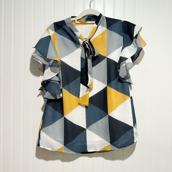 Talkee Geometric Printed Blouse Ruffled Sleeves Size Large - Picture 1 of 5